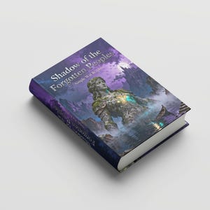 Puede incluir: Un libro de tapa dura titulado "Shadow of the Forgotten Peoples" con una cubierta morada y azul. La portada presenta una estatua emergiendo del agua, con un fondo de paisaje de fantasía. El lomo del libro es azul oscuro.