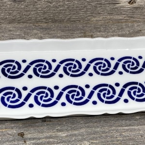 Vintage Sargadelos Porcelain Tray, Blue White Geometric Wave Mid Century Galician Ceramic