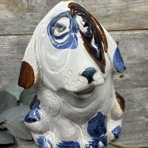 1973 Pacific Stoneware Dog Wind Chime, Blue Brown Spotted Hound, Retro Pottery Accent