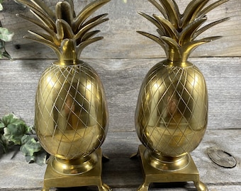 Vintage Brass Pineapple Candle Holders Pair, 9.5" Tall Hollywood Regency Candlesticks