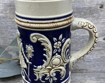 Antique German Beer Stein, Cobalt Blue Relief Stoneware Tankard, Westerwald Ceramic Mug