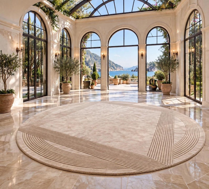 Pierre Sol Rond Tapis rond en laine tuftée à la main, tapis géométrique beige ...