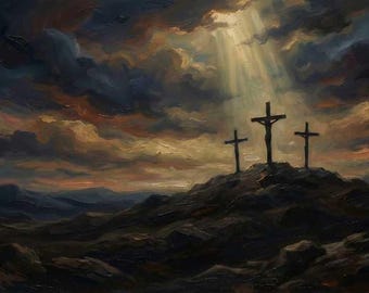 Golgotha-kruisigingsschilderij | Drie kruisen in de schemering | Dramatische christelijke muurkunst | Goede Vrijdag en Paasdecoratie | Digitale download