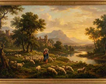 Arte mural cristiano vintage, impresión al óleo de El Buen Pastor, paisaje de Jesucristo con ovejas, decoración tradicional con versículos bíblicos.