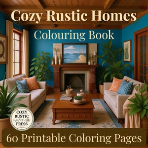 Peut inclure: Image d'un intérieur chaleureux avec le texte "Cozy Rustic Homes Colouring Book" et "60 Printable Coloring Pages". La pièce comprend deux canapés crème, une table basse en bois, une cheminée et des plantes d'intérieur.
