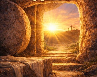 May include: An Easter devotional cover with the text "THE KING IS ALIVE." The image depicts an open tomb with a bright sunrise, stone steps, and three crosses on a distant hill. The text "A 5-Day Easter Devotional for Ages 8-12" is at the bottom.