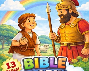 May include: A colorful illustration of a Bible coloring book featuring the story of David and Goliath. The cover shows David and Goliath, a rainbow, and the text "DAVID & GOLIATH" and "BIBLE COLORING BOOK!" with "13 PAGES!"