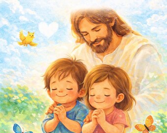 May include: Illustration of two children with closed eyes, hands clasped in prayer, and Jesus looking down at them. The image has the text "Life's Walk: I Can Talk to God" in the sky, with butterflies and a yellow bird.