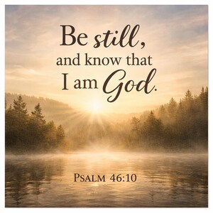 May include: A square wall art print featuring a sunrise over a misty lake and forest. The text reads, Be still, and know that I am God. Psalm 46:10. The scene is rendered in warm golden and brown tones with a soft, hazy light effect.