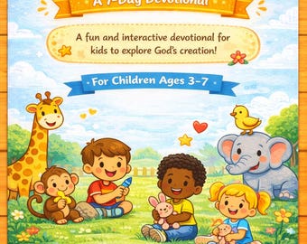 May include: A children's book cover titled "God Made Me" with the text "Life's Walk" and "A 7-Day Devotional." The cover features cartoon illustrations of children, animals, and a sunny sky. The book is for children ages 3-7.