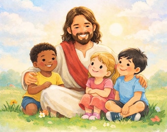 May include: A children's book cover with the title "Jesus Is My Friend" against a blue sky background. The image features Jesus with three children, all smiling. Text at the bottom reads "A 7-Day Devotional for Children Ages 3-7".