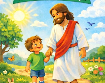 May include: A colorful illustration from "Life's Walk" depicts a figure in white robes and a red sash holding hands with a young child. The image includes text that reads "God Helps Me Do What's Right" and "Age 3-7". A sunny day with a rabbit and butterfly.