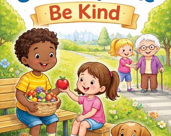 May include: A colorful children's book cover with the title "Life's Walk: God Helps Me Be Kind." The illustration depicts children sharing toys and an apple, with a dog and an elderly woman. The scene is set in a park with flowers and trees.