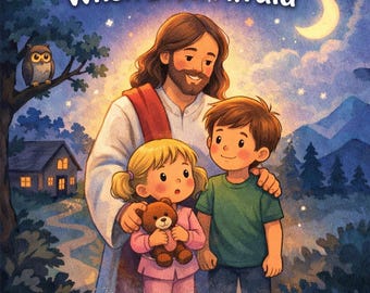 May include: A children's book cover with the title "God Helps Me When I Am Afraid." The illustration depicts a figure with long hair and a red sash, embracing two children. A teddy bear, an owl, and a crescent moon are also visible.