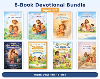 May include: An 8-book devotional bundle for ages 3-7, featuring colorful illustrations and titles like "I Can Talk to God" and "God Loves Me." The bundle includes digital downloads of 8 PDFs.