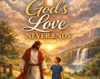 May include: A religious illustration depicts Jesus walking with a young boy, holding hands, along a path. A rainbow and a cross are in the sky, with the words "God's Love Never Ends." A dove carries an olive branch. The image is labeled "AGES 8-12."
