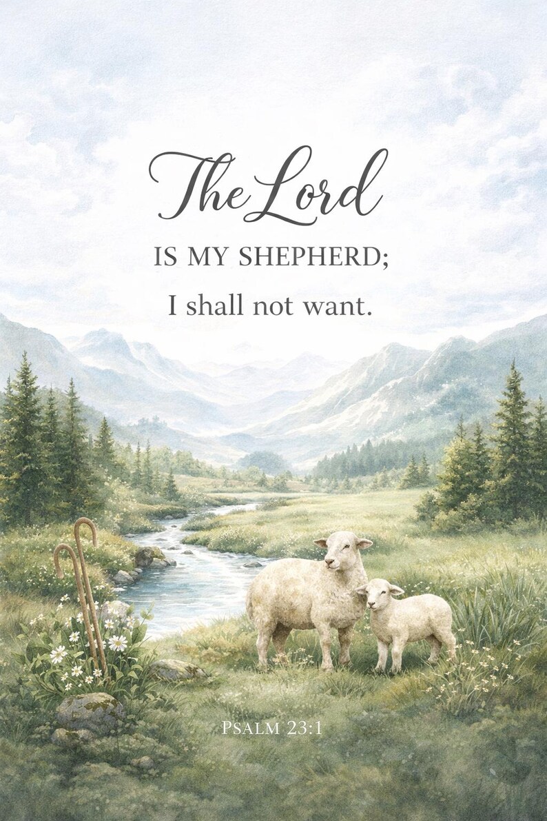 May include: A pastoral watercolor print featuring a serene landscape with a stream, mountains, and two sheep. The text "The Lord is my Shepherd; I shall not want" is displayed, along with "Psalm 23:1".