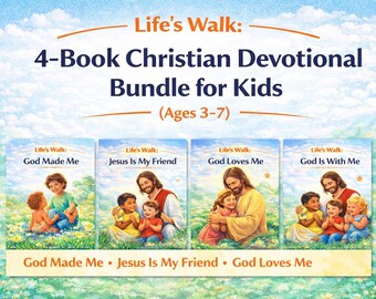 May include: A 4-book Christian devotional bundle for kids, titled "Life's Walk." Each book cover features illustrations of Jesus with children. The titles include "God Made Me," "Jesus Is My Friend," "God Loves Me," and "God Is With Me."