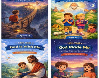 May include: Four colorful book covers with the title "Life's Walk" and various themes. Each cover features illustrations of children, religious figures, and inspirational text. The books are designed for children ages 8-12.