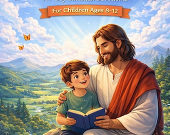 May include: A digital illustration depicts a man and a young boy reading a book together. The text "God Is With Me" is displayed above the figures, with "A 7-Day Christian Devotional - For Children Ages 8-12" below. The image has a bright, colorful, and uplifting theme.