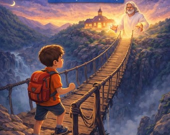 May include: A digital illustration of a young person walking across a wooden bridge towards a figure of light. The image is titled "Life's Walk God Helps Me Be Brave, A 7-Day Devotional" and is aimed at ages 8-12. The background features a night sky and a mountain landscape.