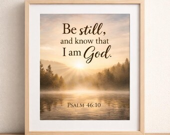 May include: A framed wall art print featuring a landscape of a misty lake at sunrise with pine trees. The text reads: Be still, and know that I am God. Psalm 46:10. The frame is made of light-colored wood and has a white mat border.