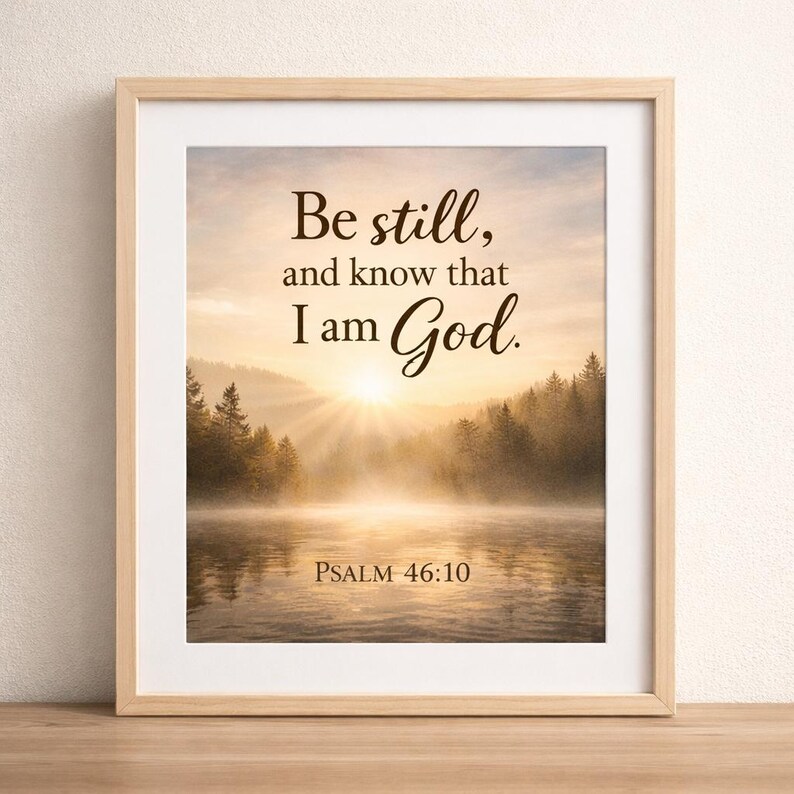 May include: A framed wall art print featuring a landscape of a misty lake at sunrise with pine trees. The text reads: Be still, and know that I am God. Psalm 46:10. The frame is made of light-colored wood and has a white mat border.