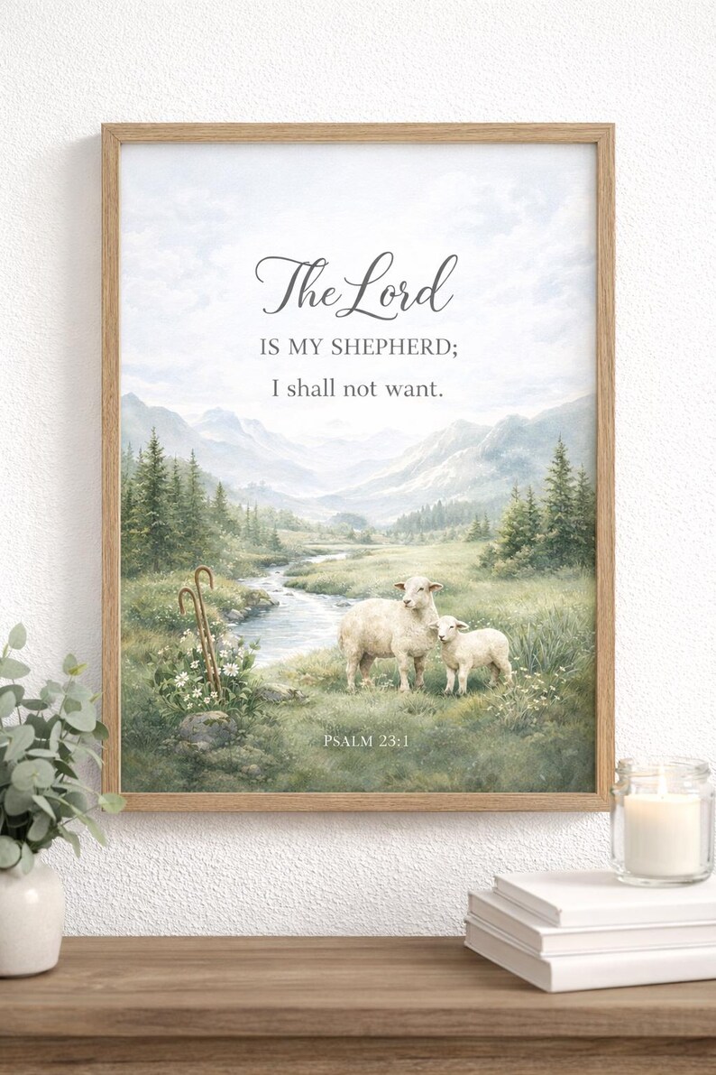 May include: Framed artwork featuring a pastoral scene with a mother sheep and lamb near a stream, with mountains in the background. The text "The Lord is my shepherd; I shall not want. Psalm 23:1" is displayed in elegant script.