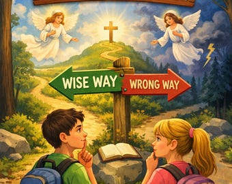 Könnte beinhalten: Illustration des Buchcovers "Life's Walk" mit dem Text "God Helps Me Make Wise Choices". Das Bild zeigt einen Jungen und ein Mädchen mit Rucksäcken, ein Wegweiser mit den Pfeilen "Wise Way" und "Wrong Way" und Engel. Für Kinder im Alter von 8-12 Jahren.