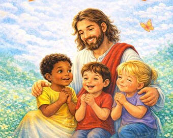 May include: Illustration of Jesus with three children in a field of flowers. The text "Life's Walk: God Is With Me" is at the top, with "Ages 3-7" at the bottom. The children are smiling, and a butterfly is in the sky.