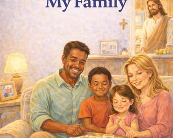 May include: Illustration of a family gathered around a table set for a meal. The text "Life's Walk: God Made My Family" is at the top. A man, woman, and two children are seated at the table. Jesus is in the background.