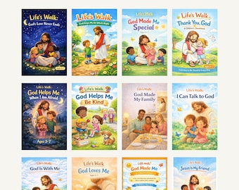 May include: A bundle of twelve children's books titled "Life's Walk." Each book cover features illustrations of Jesus with children, with titles such as "God's Love Never Ends" and "God Made Me Special." The books are for ages 3-7.
