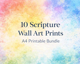 May include: A digital art print bundle with a watercolor background in shades of pink, yellow, blue, and green. The text reads "10 Scripture Wall Art Prints" and "A4 Printable Bundle" in a dark blue font.