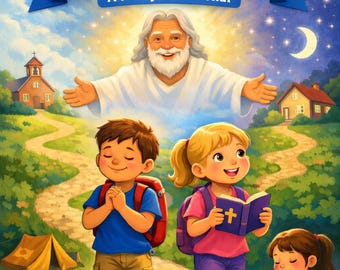May include: A colorful illustration for a devotional book titled "Life's Walk: I Can Talk To God." The image features children walking on a path, a church, a tent, and a smiling figure in the sky. The text "Ages 8-12" is at the bottom.