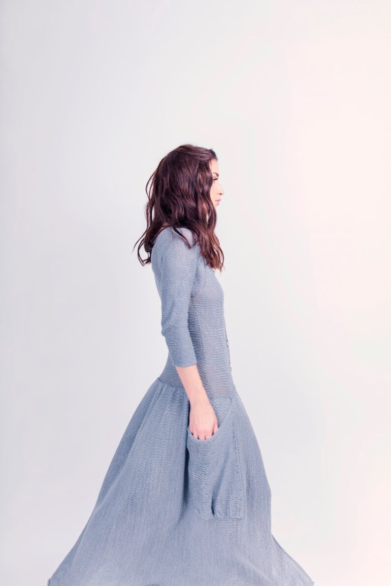 Cotton Knitted Maxi Dress Big Pockets Long Dress Buttoned Etsy