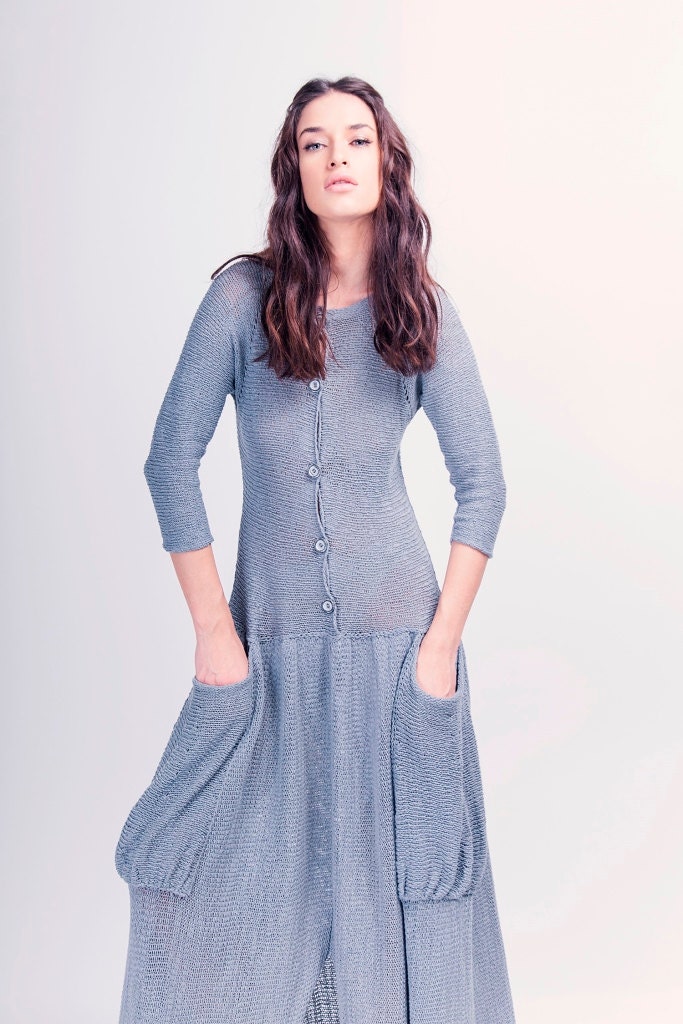 Cotton Knitted Maxi Dress Big Pockets Long Dress Buttoned Etsy