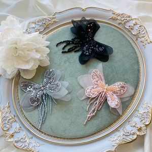 Beaded Butterfly Applique - Sheer Organza Butterfly Patch - Sequin Embroidery Butterfly for Bridal Dress - Couture Decoration