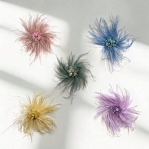 May include: Five circular feather brooches in pink, blue, gray, yellow, and purple. Each brooch features a central cluster of faceted crystals surrounded by long, wispy, radiating feathers that create a soft, textured, flower-like appearance.