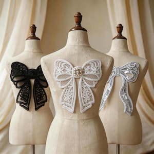 Large Lace Bowknot Applique, Pearl Beaded Bow Patch for Dress Back, Sequined Bow Motif for Wedding Gown, Bridal Craft Supply