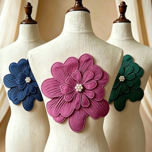 Large Flower Applique, Pearl Beaded Floral Patch for Dress Back, Sew on Flower Motif for Jacket Coat, Big Embroidery Badge, Bridal Decor