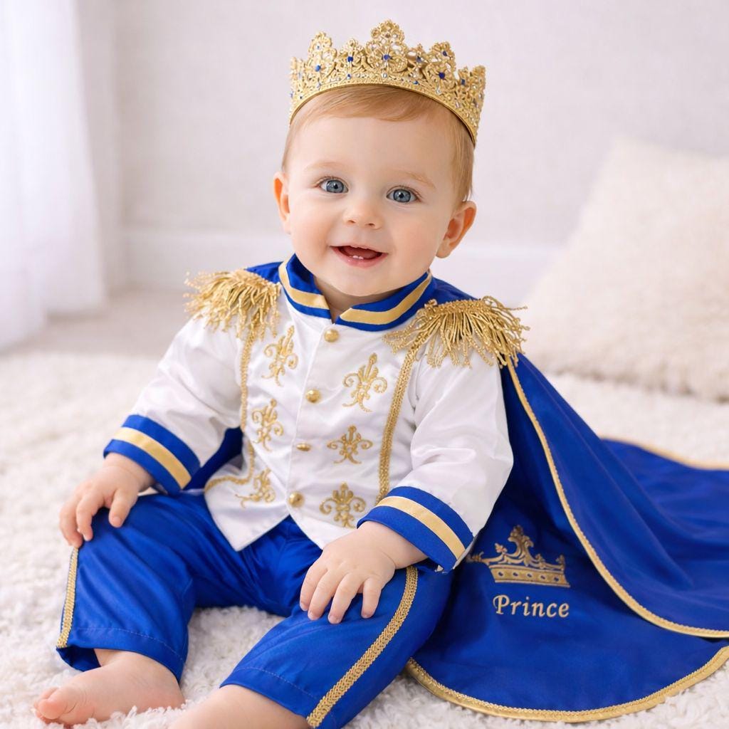 Personalized Royal Blue Prince Costume, White Gold Birthday Outfit, Custom Boys Cape Crown Set