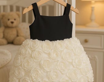 Baby Girl Black & White Rose Dress – Luxury Party Outfit