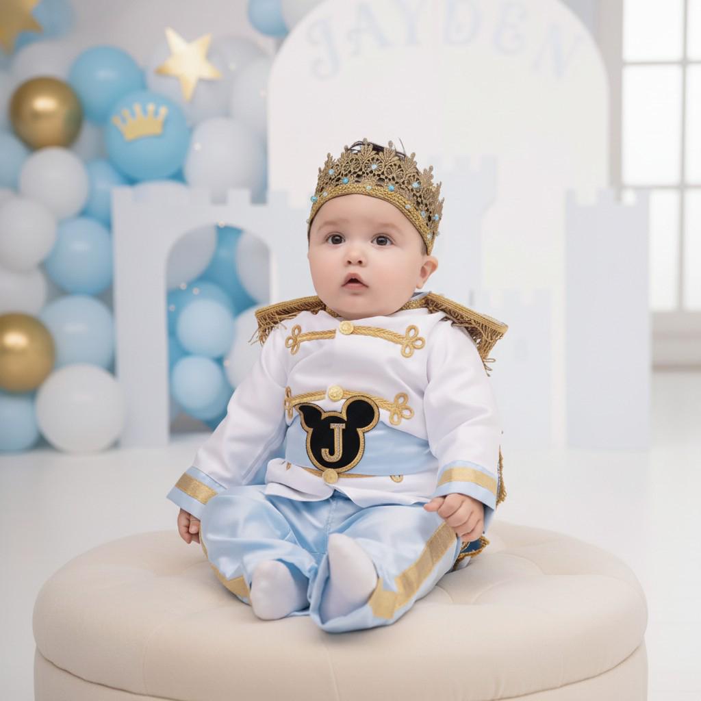 Baby Prince Costume, Blue Gold First Birthday Outfit, Royal Cape Crown Set