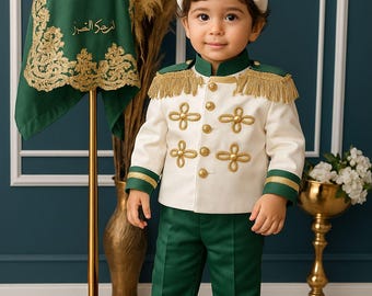 Green Gold Prince Birthday Outfit, Personalized Embroidered Cape Set, Royal Baby Photoshoot Costume