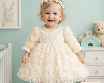 Vestido de niña de flores color marfil – Traje de cumpleaños de tul para bebé – Vestido para bautizo y sesión de fotos