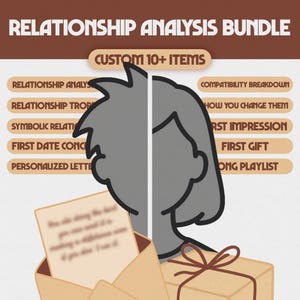 May include: A graphic for a relationship analysis bundle. The image features text that reads "Relationship Analysis Bundle" and "Custom 10+ Items." Additional text includes "Relationship Analysis," "Compatibility Breakdown," and "First Gift." An illustration of a person is in the background.