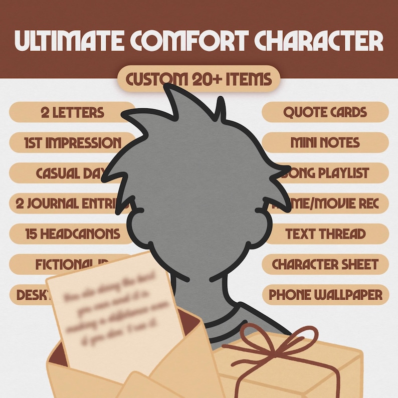 Aangepast comfort-personagepakket | Digital Comfort Character Care-pakket | Personageblad, brief, afspeellijst, ALLE FANDOMS, anime/film/tv/boek afbeelding 1