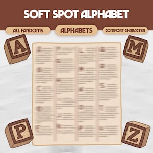 Peut inclure: Une affiche avec le texte "SOFT SPOT ALPHABET" et les mots "ALL FANDOMS", "ALPHABETS" et "COMFORT CHARACTER". Quatre blocs d'alphabet en bois avec les lettres A, M, P et Z sont dans les coins. Le fond est de couleur marron clair.
