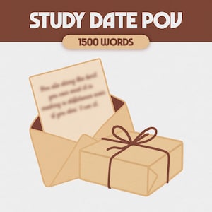Puede incluir: Ilustración de un sobre beige con una carta dentro, junto a un paquete envuelto y atado con hilo marrón. El texto "STUDY DATE POV" está en la parte superior, con "1500 WORDS" debajo.
