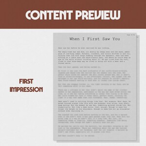 Op de afbeelding: Een pagina uit een boek met de titel "When I First Saw You" en de woorden "Content Preview" en "First Impression" in donkerbruin. De tekst is zwart.